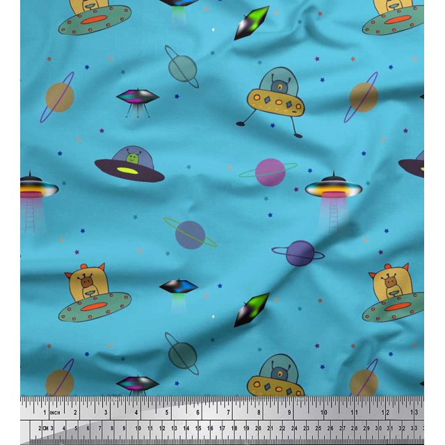 Soimoi Polyester Crepe Fabric Planet,Animal & Spaceship Cartoon Decor Fabric Printed Yard 52 Inch Wide