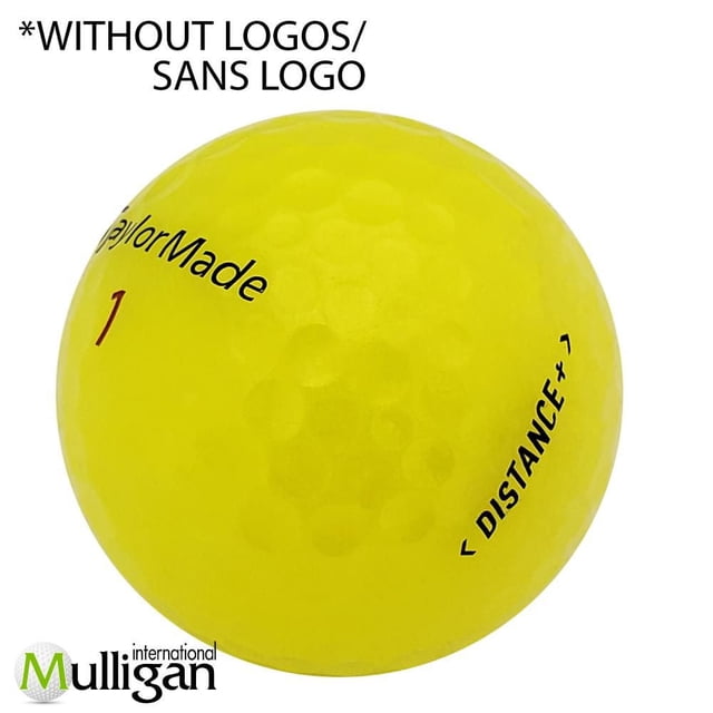 Mulligan - 48 Taylormade Distance + 5A No logo Recycled Used Golf Balls, Yellow showing a close-up of a single yellow recycled golf ball with dimples, marked with black 'Distance +' text and a red number '1', without logos, on a white background, suitable for players of all skill levels and eco-friendly use.