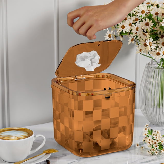 Desktop Small Trash Can with Lid for Office Desk,Bedroom,Kitchen Table,Car,and Study Room Compact Mini Garbage Bin with Non Bottom,Pressure Ring Bag Holder,Durable Plastic Wastebasket for