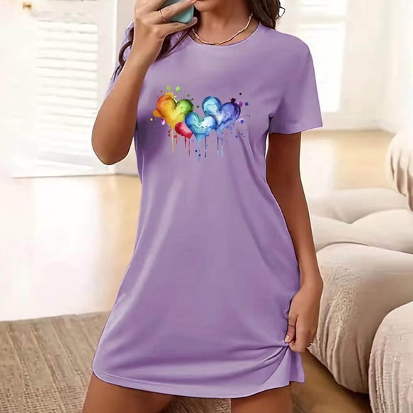 Sakmal Purple Moomoo Nightgowns Women Soft Short House Dress Short Sleeve Print Nightgowns for Women