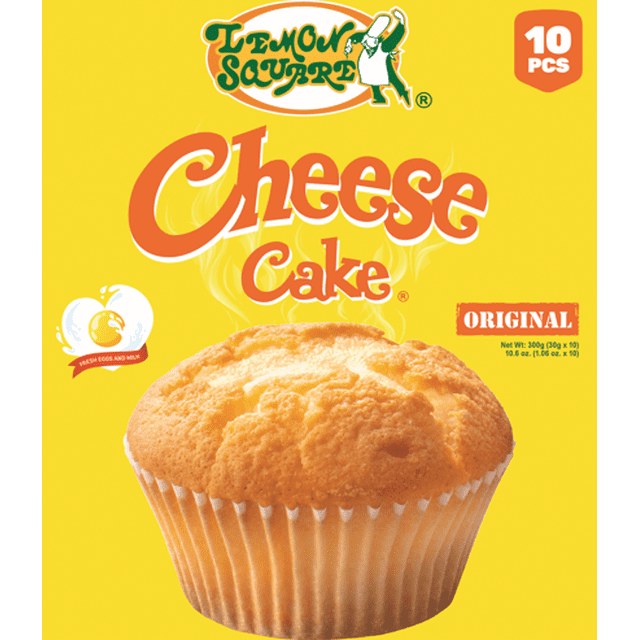 Lemon Square Cheese Cake golden brown cheese-flavored cupcake in white paper liner on yellow background with Lemon Square logo and 10 pieces pack label, highlighting fresh eggs and milk ingredients and suitable for easy lunch packing.