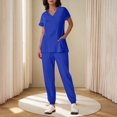 thumbnail image 2 of Yanlir Womens Button Down Solid Color Short Sleeve V Neck Blouse and Foot Binding Pants Set Fashion Two Piece Outfit(Blue,S), 2 of 6