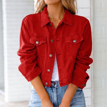 Meichang Cropped Denim Jacket for Women Solid Color Basic Long Sleeve Jean Jacket Coat Fall Casual Button Down Trucker Coat with Chest Pockets Red L