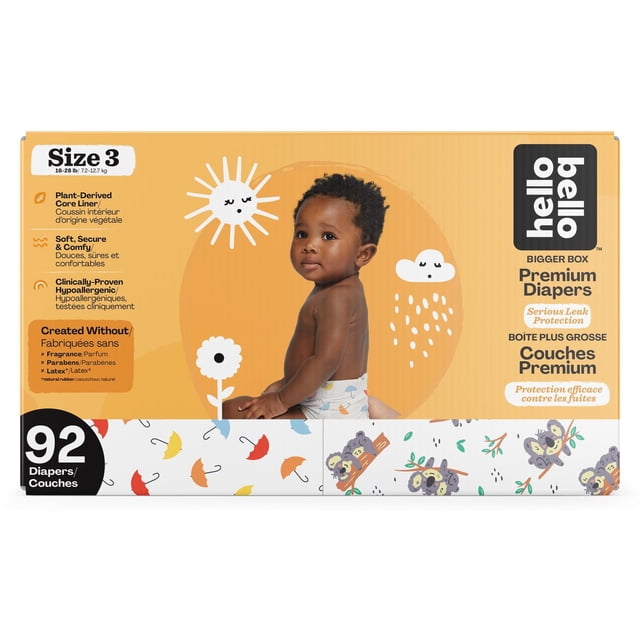 Hello Bello premium diapers size 3 (16-28 lb) pack of 92 showing a toddler sitting in profile wearing a diaper with colorful animal prints, set against an orange background with white sun, cloud, and flower illustrations, highlighting plant-derived core liner and hypoallergenic, fragrance-free materials.