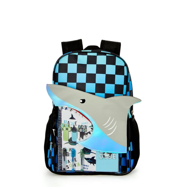 Ensemble Stationnaire de Sac à Dos Requin 3D avec un Sac à Dos à Carreaux Bleu et Noir de 17 Pouces Présentant un Grand Requin 3D sur la Poche avant, Boîte à Lunch Isolée Clipsée au Sac à Dos, et Écouteurs Assortis avec microphone. le Sac à Dos Comprend des Bretelles Rembourrées Ajustables, une Pochette Rembourrée pour Ordinateur Portable, des Compartiments Spacieux, une Poche avant à Glissière, une Poche Latérale Extérieure pour Boisson, un Dessous Résistant à l'Eau, et un Ruban Réfléchissant pour la Sécurité. Convient à l'École, aux Rendez-Vous de Jeu et à l'Organisation des Essentiels d'Apprentissage Virtuel