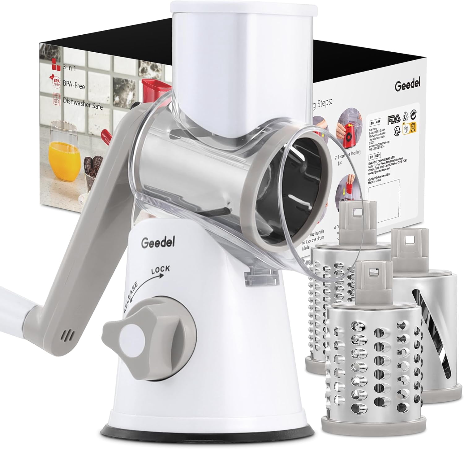 Geedel Kitchen Cheese Grater, Rotary Mandoline Vegetable Slicer with Interchangeable Blades, Easy to Use Rotary Grater Slicer for Fruit, Vegetables, Nuts