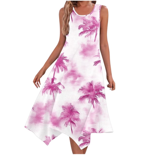 Ovzne Robes pour Femmes 2025 Robe de Plage Femme Mode Été Plage Imprimé Poches Débardeur Col Rond Sans Manches Débardeur Robes Robe de Printemps Imprimée Liquidation