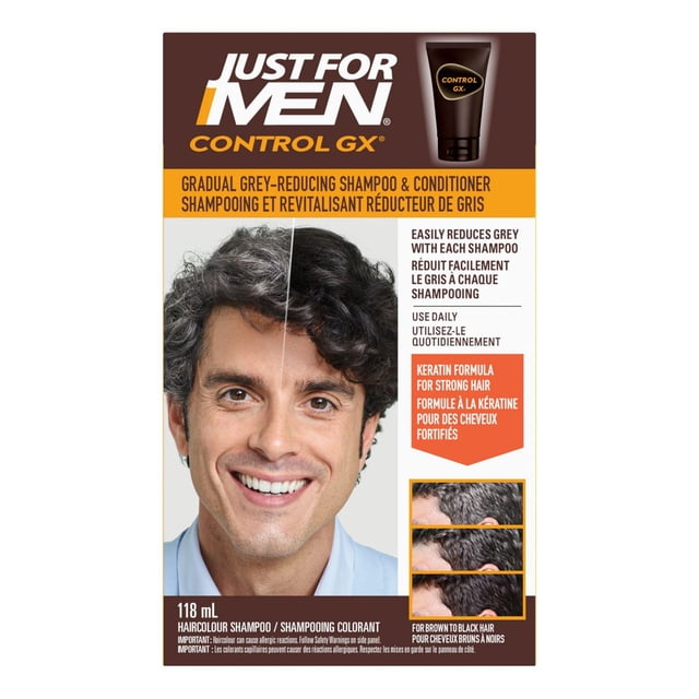 Control GX 2 in 1 Shampoo and Conditioner packaging showing hair transitioning from grey to dark brown, illustrating gradual grey reduction with daily use. The box highlights a keratin formula for strong hair and is suitable for brown to black hair. The product tube is shown at the top right with bilingual English and French text.