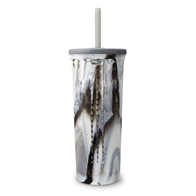 GoSili Straw Cup, 24oz. 1pk. Calacatta, a reusable silicone cup with a marbled black, white, and gray pattern, featuring an embedded stainless-steel ring to prevent collapsing, a gray silicone lid with a matching straw, microwave and dishwasher safe, suitable for sustainable beverage storage.