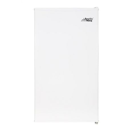 Arctic King 3.3cu.ft. compact refrigerator in white with a single door, Arctic King logo, reversible door hinge, and adjustable legs, designed for energy-efficient cooling in small spaces like dorm rooms or offices.