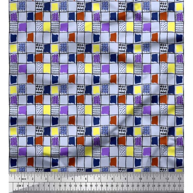 Soimoi Poly Georgette Fabric Check & Brush Stroke Abstract Fabric Prints by Yard 52 Inch Wide