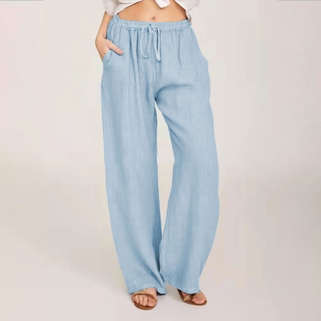 zanvin Women's Casual Solid Cotton Linen Drawstring Elastic Waist Wide Leg Cargo Pants