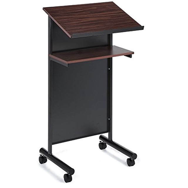 Wheeled lectern with storage shelf in cherry and black finish, designed for office furniture use. Features an angled reading surface with a paper stopper, durable powder-coated steel frame, and MDF shelves. Includes locking casters for mobility and can double as a compact standing desk or laptop stand.