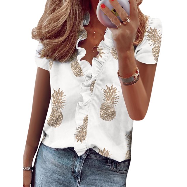 MAWCLOS Ladies Shirts Floral Tops V Neck Blouse Loose Work Short Sleeve Tee Pineapple Print M