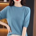 thumbnail image 5 of AherBiu Hauts d'Été pour Femmes Col Rond Manches Mi-Longues Chemises Unies Décontractées Coupe Ample T-Shirts Basiques Blouses, 5 of 5