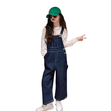 Ediodpoh Combinaison en Denim pour Filles, Jean à Jambe Grand, Bretelles Ajustables, Combinaison Ample avec Poches, Mignonne Combinaison pour Filles de 3 à 14 Ans, Pantalon pour Filles, Bleu Marine, 11-12 Ans