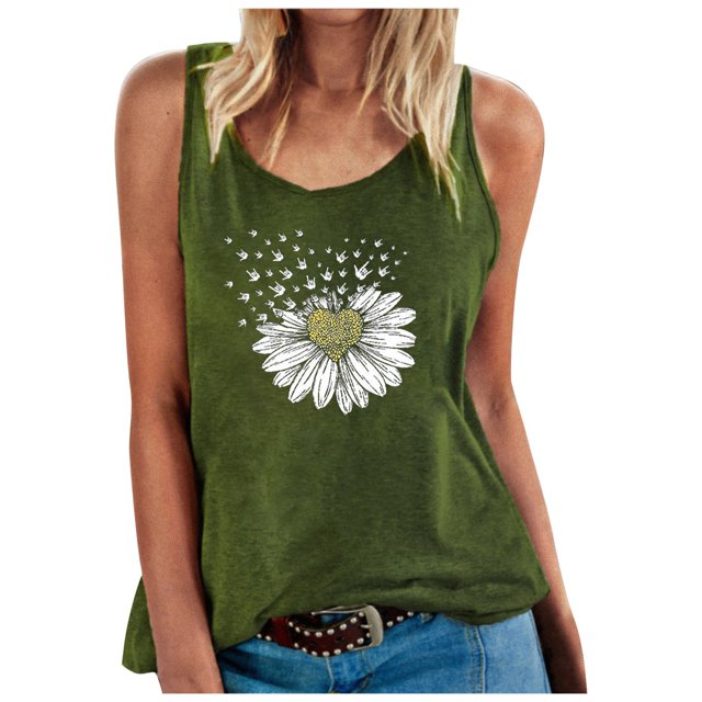 Pompotops Camisole Décontractée Ample à Col Rond pour Femme avec Imprimé Cœur et Tournesol