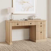 Fluted Home Office Desk Storage, 54 in Modern Executive Desk with Charging Station, Wooden Computer Writing Desk with File Cabinet & Drawers for Study, Living Room, Bedroom-Burlywood