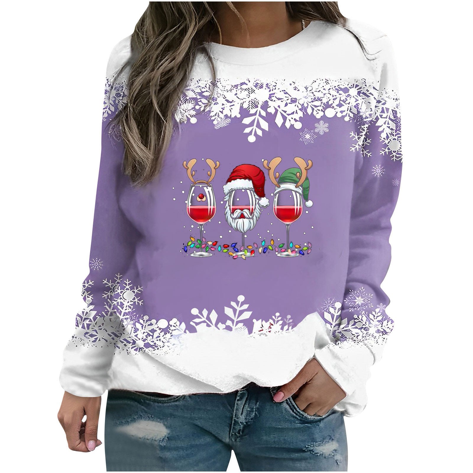 Chandails à Capuchon pour Femmes Hiver T-shirt Ample Imprimé Blouse à Manches Longues Col Rond Hauts Décontractés Chandails pour Adolescentes en Liquidation