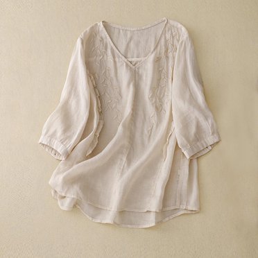 Meichang Floral Embroidery Shirts For Women Retro Casual Cotton Linen Tops 3/4 Sleeve V Neck Loose Fit T Shirts Oversized Summer Tops on Clearance