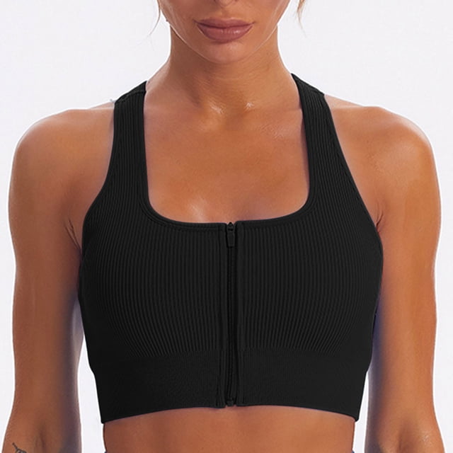 ylioge Sports Bras for Women Front Closure Zipper High-Impact Ribbed Wireless Push-Up Stretchy Racerback Solid Comfort Workout Underwear Bralettes. The image shows a black ribbed sports bra with a front zipper closure and racerback design, made from a stretchy nylon and spandex blend. Designed for high-impact activities, it offers wireless support and a push-up effect. Suitable for workouts, yoga, and daily wear.