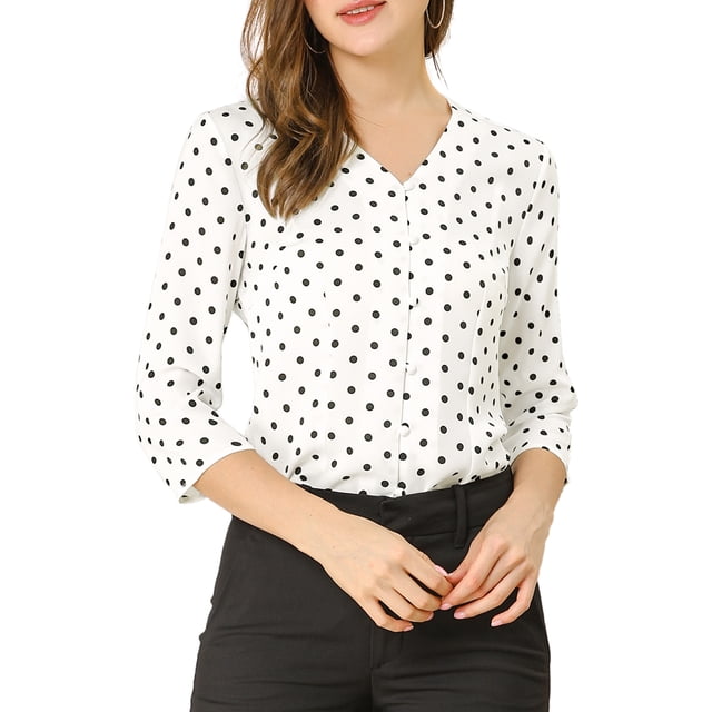 INSPIRE CHIC Blouse de Rentrée pour Femme Col en V Manches 3/4 Pois Imprimé Cœur Haut à Boutons devant Blanc P