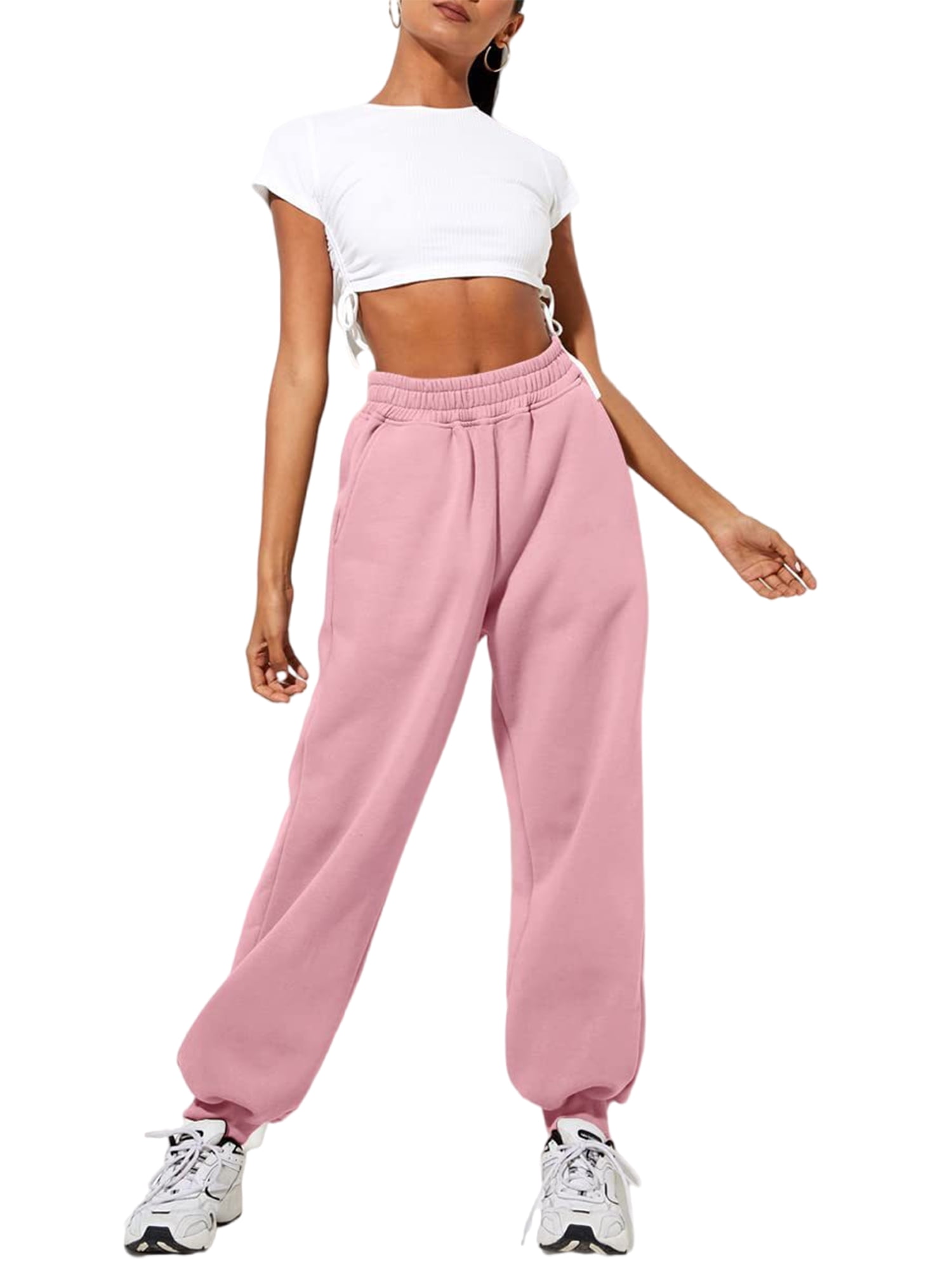 Innerwin Jogger Pants With Pockets Women Trousers Sports Solid Color Lounge Sweatpants Pink 2XL