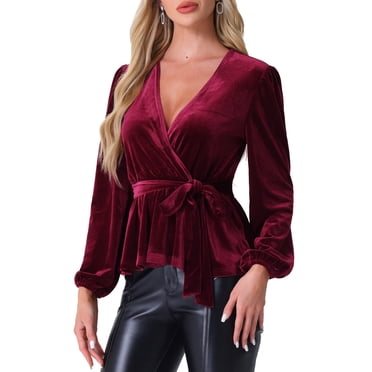 INSPIRE CHIC Women's Velvet Blouse V Neck Long Sleeve Tie Waist Peplum Tops M Burgundy