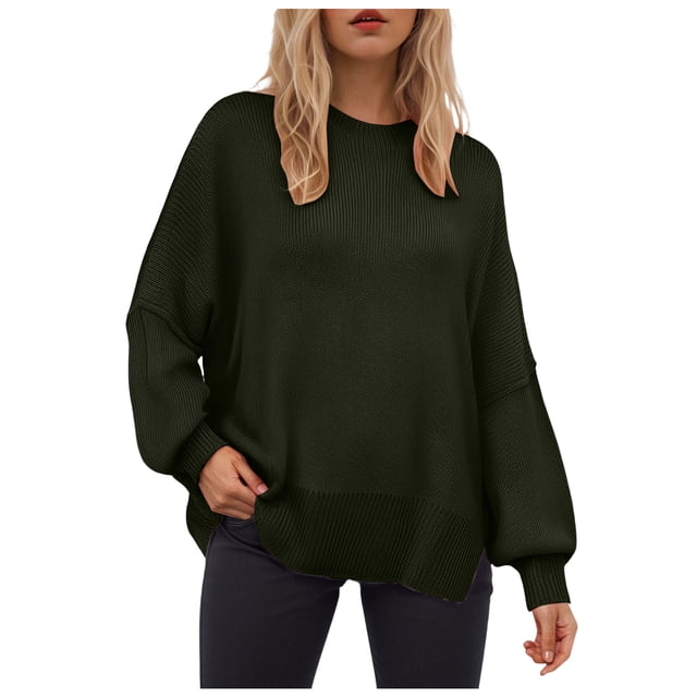 WUANDIXFA Chandails d'Automne pour Femmes Chandails Tendance pour Femmes Chandails à Manches Longues Fente Latérale Col Rond Chandails Molletonnés à Enfiler Hauts de Mode pour Femmes Vêtements Corset Vêtements d'Extérieur Vert,P
