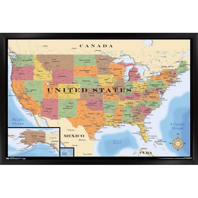 Carte - Affiche Murale des États-Unis, 22,375 Po x 34 Po Encadrée Montrant une Carte Politique des États-Unis avec Chaque État en Couleurs pastel Distinctes, Étiquetée avec des Villes Majeures et des Capitales d'État, Bordée par le Canada, le Mexique, les Océans du Pacifique et de l'Atlantique, Incluant des Cartes Encadrées de l'Alaska et d'Hawaï et une rose des Boussoles dans le Coin Inférieur Droit.