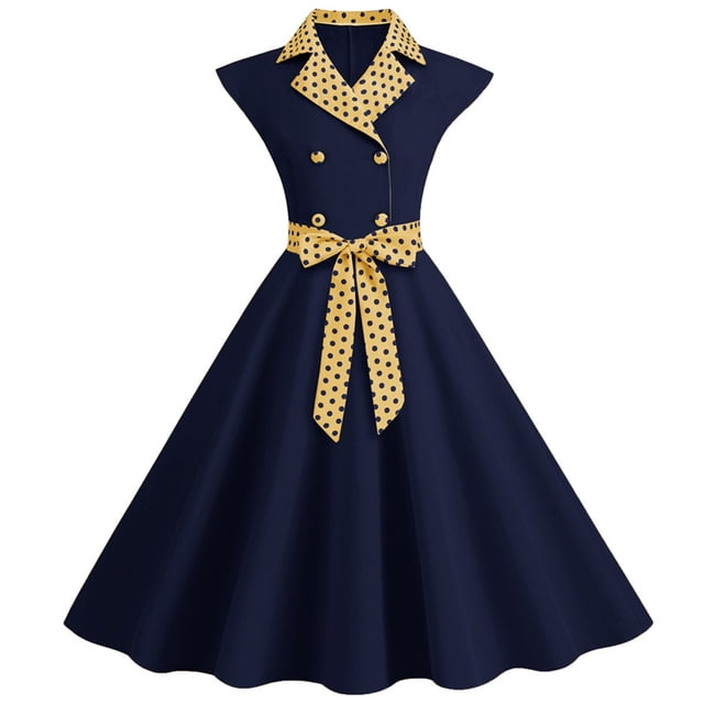Cameland Robe Vintage Évasée pour Femmes, Ligne A, Nœud, Bal, Col Rabattu, Sans Manches, Imprimé à Pois, Robe de Soirée