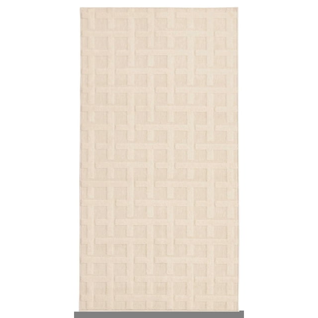 ECARPET Indoor/Outdoor for Balcony, Patio and Garden Villa Ivory Rug with a subtle 3D geometric pattern of interlocking rectangles in ivory, designed for versatile indoor and outdoor use including patios and living rooms, suitable as a durable, fade-resistant floor covering for busy areas.