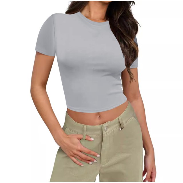 Yuyuzo Hauts de Sortie pour Femmes Manches Courtes Haut Court Col Rond T-Shirts Basiques Ajustés Extensibles