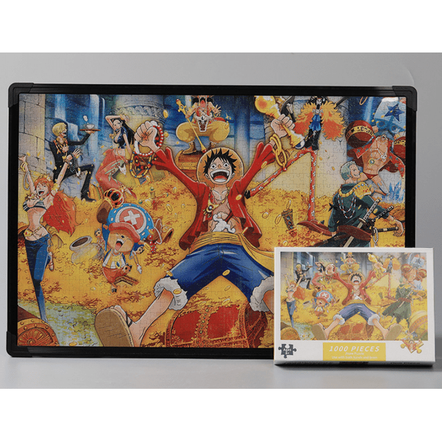 Jigsaw Puzzles for Adults Kids 1000 Pieces featuring a vibrant and detailed illustration of animated characters in a treasure-filled scene. The completed puzzle measures 29.5 x 19.69 inches (75 x 50 cm) and is suitable for ages 14 and up. Includes a high-definition reference poster and sectioned back markings for easier assembly. Made from high-quality recycled cardboard with a durable, colour-retaining surface. Ideal for family bonding, intellectual development, and as a gift for birthdays or Christmas.