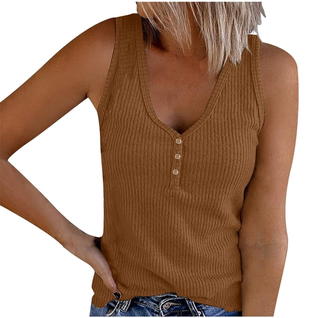 Timegard Womens Tank Tops Summer Ribbed V Neck Button Sleeveless Slim Basic Tee Casual Going out Tops