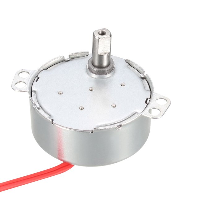Electric Motor Synchronous Motor Synchron Motor AC 24V 50/60Hz 4W with CCW/CW direction, ideal for home improvement and electrical accessories. Features a compact cylindrical design with a 50mm body diameter and 20mm height. Includes a visible shaft with a 7mm diameter and 14mm length, and mounting holes for secure installation. Red wire extends from the base for electrical connection.