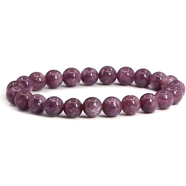 Bracelet Extensible Unisexe en Perles Rondes de 8 mm en Lépidolite Naturelle au Lithium Mica