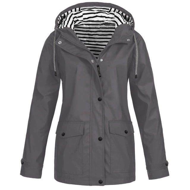 Jackets for Women Solid Rain Jacket Outdoor Plus Size Hooded Raincoat Windproof Workout Jacket on Clearance