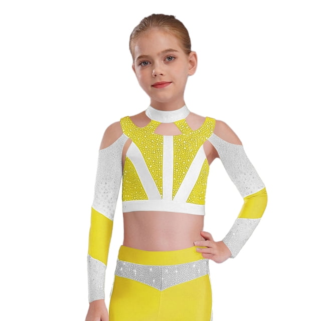 Eandarui Kids Girls Gymnastics Crop Tops Long Sleeve Shiny Rhinestone Color Block Design with Cross Back Cutout Fluorescent Yellow 6