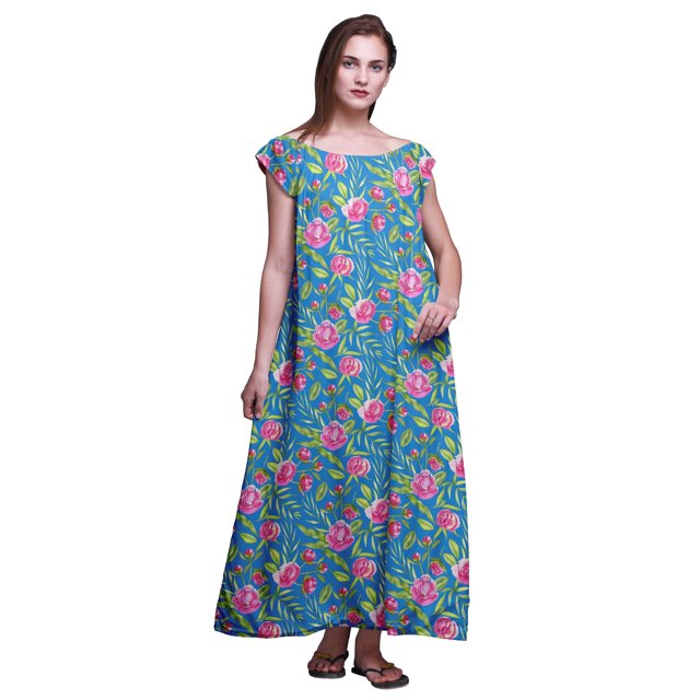 Bimba Vêtements de Nuit pour Femmes Chemise de Nuit Imprimée Robe Longue Maxi en Rayonne