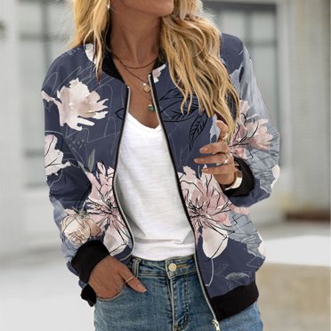 Feancey Women's Floral Bomber Jacket Full Zip Casual Long Sleeve Collarless Flight Jackets Outdoor Windproof Lightweight Outerwear with Pockets Dark Gray M