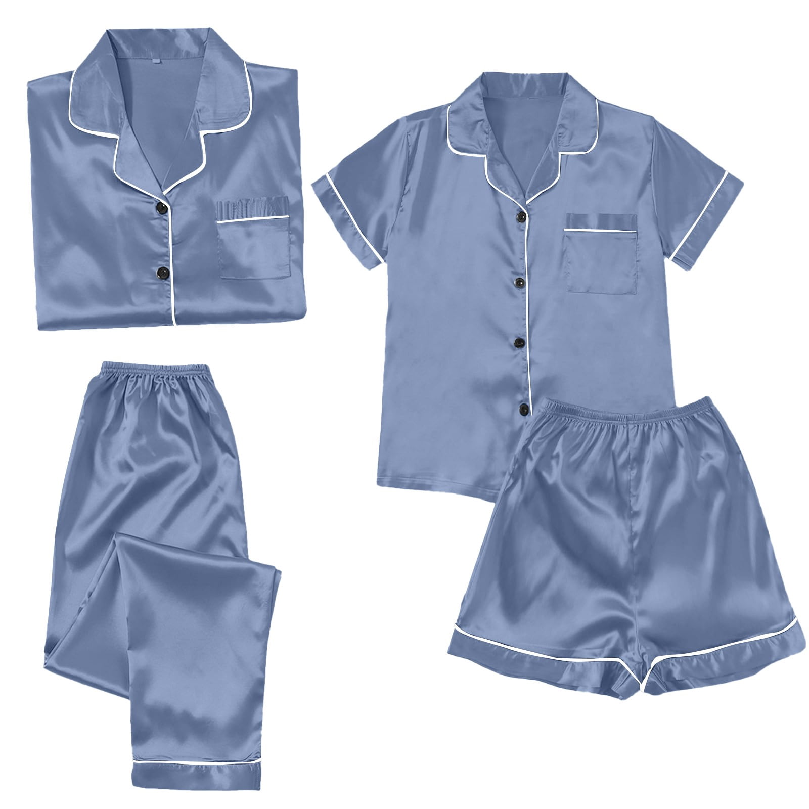 ZJXFGS Womens Summer Pajamas Sets, Silk Pajamas, Satin Pyjamas Women's Short 4 Piece Pyjamas Short Sleeve Sleepwear and Shorts Set Women Loungewear, Womens Pajama Set Blue 3XL