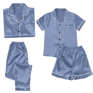 ZJXFGS Ensembles de pyjamas d'été pour femmes, Pyjama en soie, Pysama satiné pour femmes 4 Pièces Pyjamas manches courtes Vêtements de nuit et shorts ensemble Femmes Vêtements de salon, femmes Set Pajama bleu 3XL