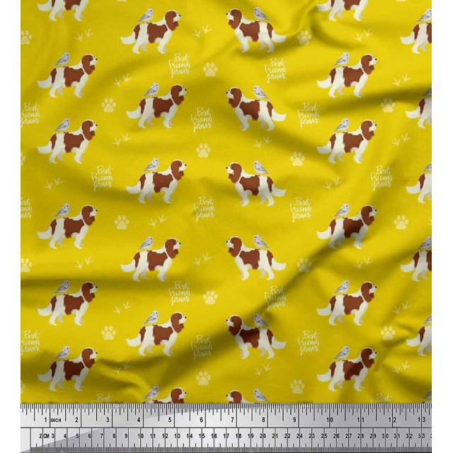 Soimoi Yellow Modal Satin Fabric Bird,Paw & Cocker Spaniel Dog Printed Craft Fabric by the Yard 42 Inch Wide