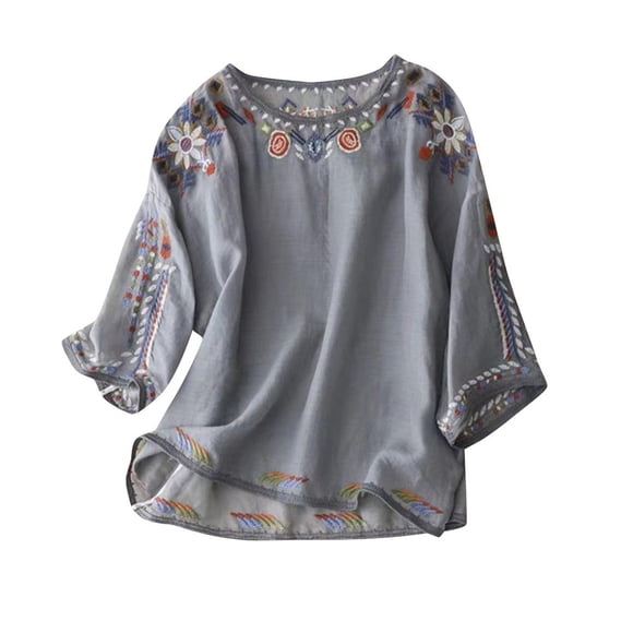 CHOK Womens Tops 2024 Fashion Cotton Linen Solid Color Shirts Traditional Mexican Crewneck Shirts Embroidered Peasant Short Sleeve Blouses Summer Casual Relaxed Fit Comfy Oversized Tops