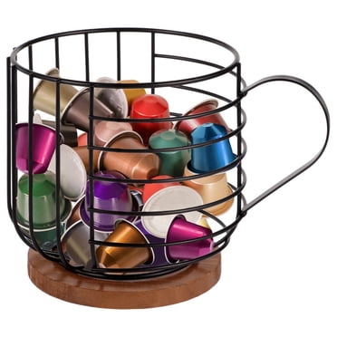 Coffee Pod Holder with Handle, Large Capacity Coffee Capsule Holder, K Cup Storage Basket, Coffee Pod Organizer, Wooden Base Coffee Filter Holder for Kitchen Countertop, Coffee Bars, Cafes