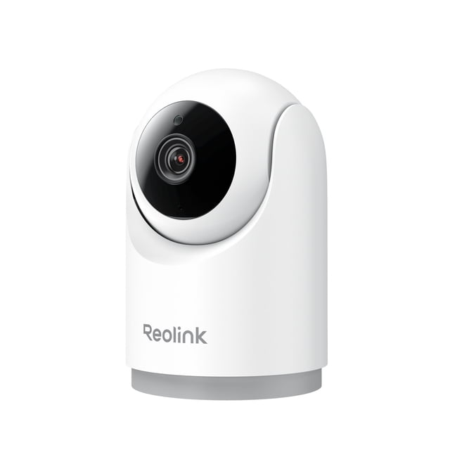 Reolink E321 smart indoor security camera with white cylindrical body and black circular lens housing, featuring 3MP HD resolution, 360° pan-tilt coverage, two-way audio, and smart pet camera functions for detailed home monitoring.