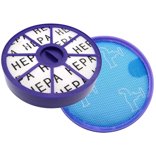 Front & Rear HEPA Filter Kit for Dyson DC19 DC20 DC21 DC29, including a purple circular HEPA filter and a blue mesh pre-filter. Made of HEPA filter paper and plastic, it filters dust with up to 99% efficiency. Ideal as a vacuum replacement part for Dyson DC19, DC20, DC21, and DC29 models.