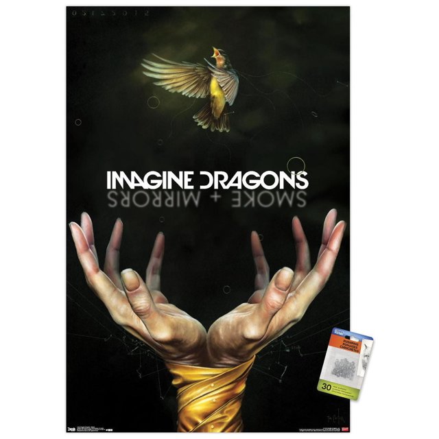 Imagine Dragons - Smoke Wall Poster, 22.375" x 34" featuring two realistic hands wrapped in golden cloth with fingers spread upward beneath a small bird with open wings and beak, set against a dark background with the band name in bold white text, suitable as wall art or room decor for bedrooms, offices, or dorms.