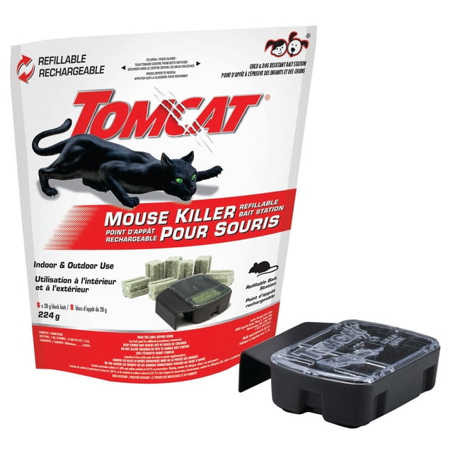 Tomcat Mouse Killer Refillable Bait Station packaging with a black cat logo and red text, showing 8 bait blocks and a black refillable bait station with a clear lid for easy bait monitoring, designed for indoor and outdoor rodent control and resistant to tampering by children and dogs.